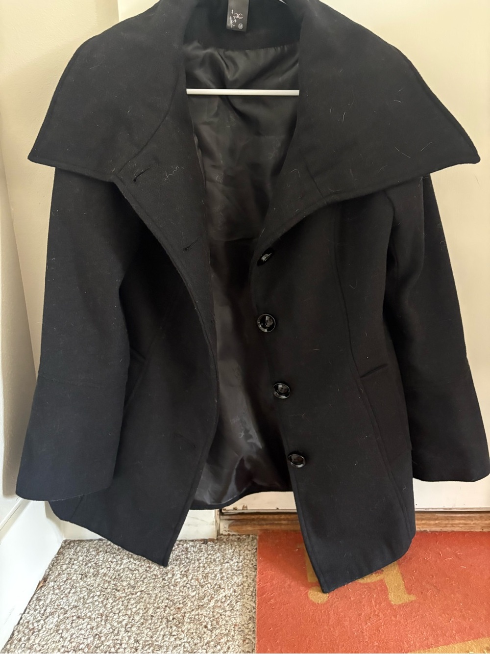 Black Wool-Blend Pea Coat with Wide Collar